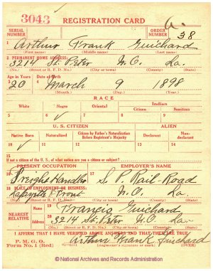 Click to enlarge front of WWI Draft Registration Card