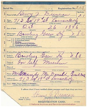Click to enlarge front of WWI Draft Registration Card