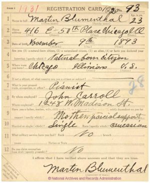Click to enlarge front of WWI Draft Registration Card
